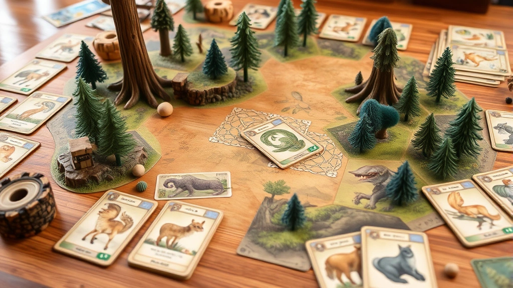 Forest ecosystem board game in progress showing woodland creature tiles and nature illustrations, peaceful pastoral aesthetic with beautiful card artwork and natural wooden components visible