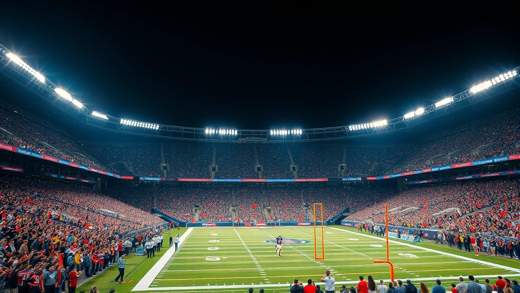 Professional football stadium at night with brilliant field lighting, packed crowd of enthusiastic fans wearing team colors, multiple tiers of seating creating depth, dramatic atmospheric lighting during a crucial moment of play