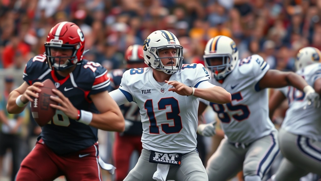 Close-up action shot of college football quarterback mid-throw with defensive linemen rushing, frozen moment capturing athletic intensity, uniform details visible, blurred crowd background, dynamic motion captured in split second