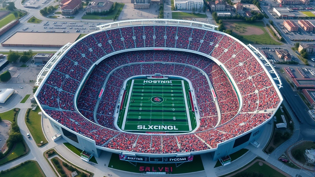 Aerial wide shot of massive football stadium filled with thousands of spectators, intricate field markings and logos visible, surrounding landscape and parking areas, vibrant daytime lighting showing scale and grandeur of venue