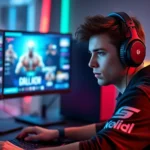 Professional esports player wearing headphones sitting at gaming desk with multiple monitors displaying competitive game interface, intense focused expression, RGB lighting setup, photorealistic