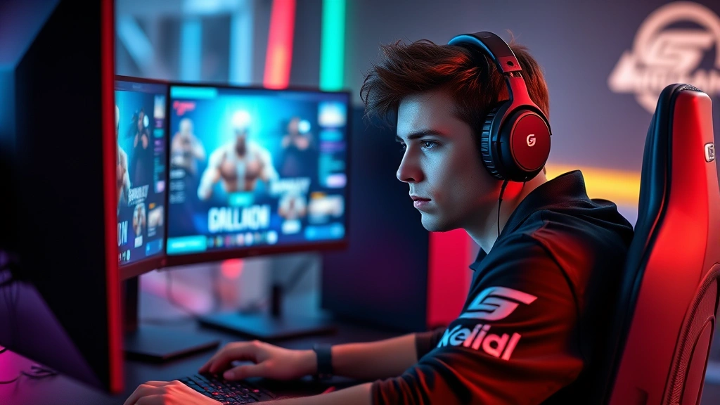 Professional esports player wearing headphones sitting at gaming desk with multiple monitors displaying competitive game interface, intense focused expression, RGB lighting setup, photorealistic