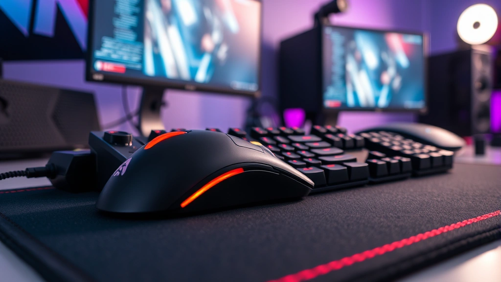 High-performance gaming mouse and mechanical keyboard on premium mousepad with professional gaming setup in background, studio lighting, product photography style, clean composition