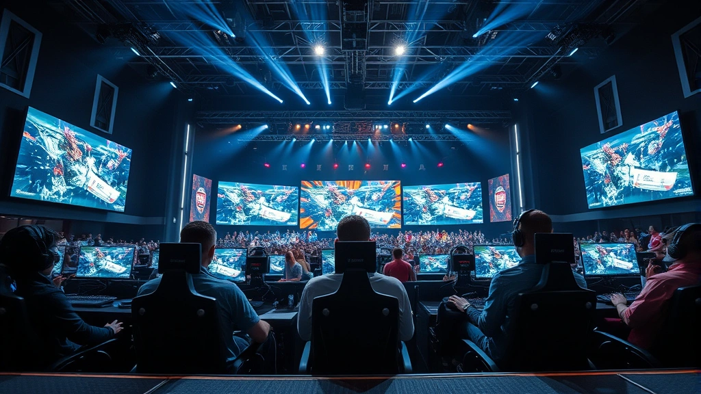 Competitive esports tournament arena with players at gaming rigs facing large projection screens showing gameplay, crowd in background, professional stage lighting, dynamic energy
