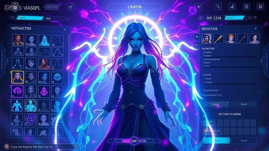 Fantasy RPG character customization screen with detailed avatar creation interface, magical effects surrounding a female character silhouette, neon blue and purple lighting, futuristic sci-fi aesthetic, immersive game UI environment