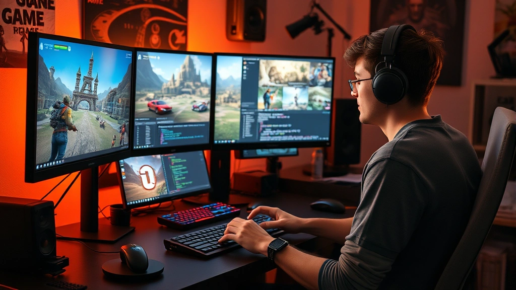 Indie game developer working at desk with multiple monitors displaying game assets, concept art, and code, creative workspace with gaming peripherals, warm studio lighting, professional game development setup