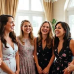 Group of women laughing together at a bridal shower celebration indoors, natural lighting, candid joyful moment, casual elegant attire, focused on genuine happiness and connection