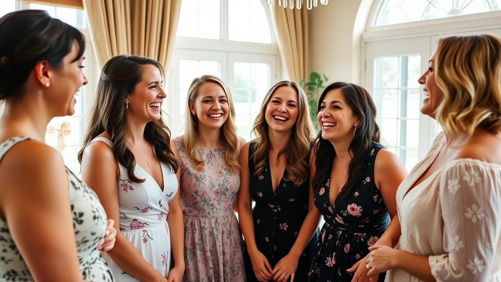 Group of women laughing together at a bridal shower celebration indoors, natural lighting, candid joyful moment, casual elegant attire, focused on genuine happiness and connection