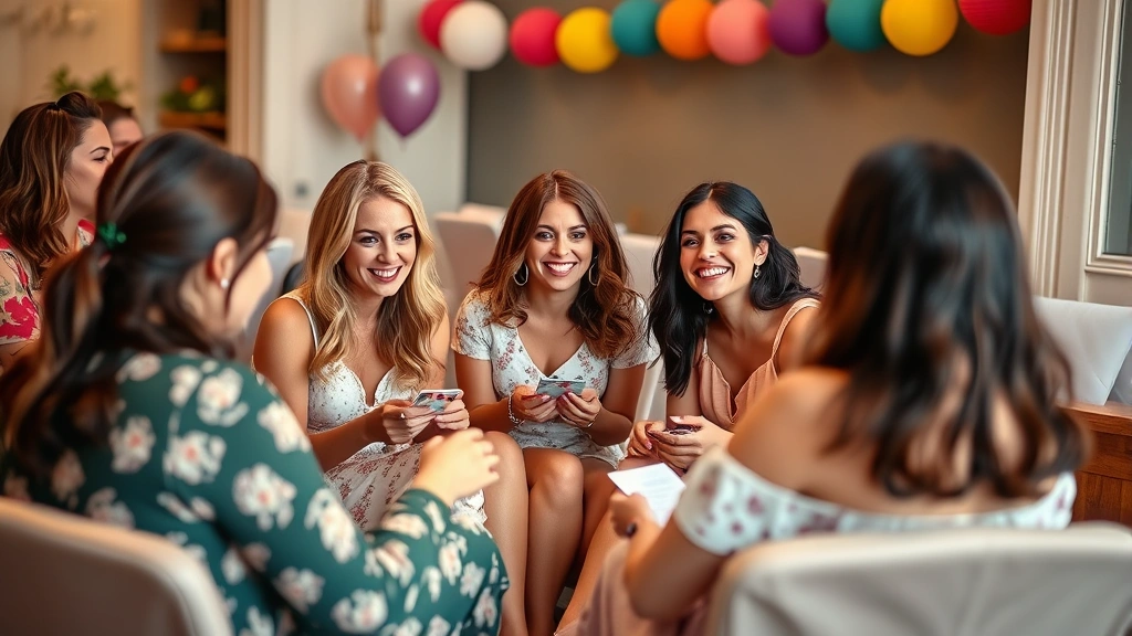 Women playing an interactive game at a bridal shower, sitting in circle, engaged expressions, holding game cards or materials, festive colorful decorations in soft focus background