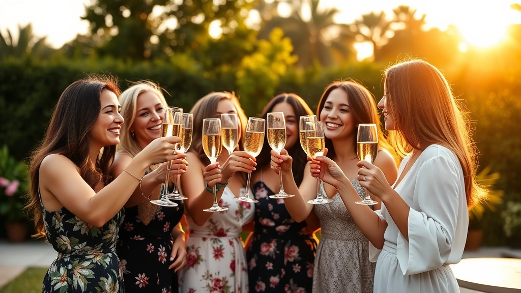 Friends celebrating with champagne glasses raised at a bridal shower party, outdoor garden setting, golden hour lighting, genuine smiles and connection, elegant casual clothing