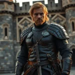 Weathered medieval warrior in tactical leather armor standing confidently in castle courtyard, sword at side, calculating expression, photorealistic fantasy setting, golden hour lighting, Westerosi architecture background, no UI elements