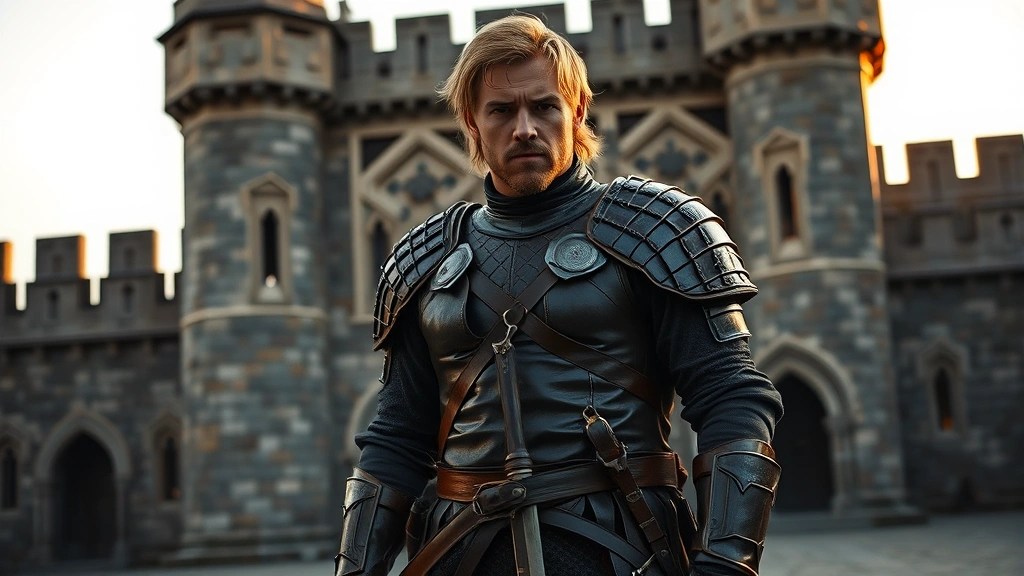 Weathered medieval warrior in tactical leather armor standing confidently in castle courtyard, sword at side, calculating expression, photorealistic fantasy setting, golden hour lighting, Westerosi architecture background, no UI elements