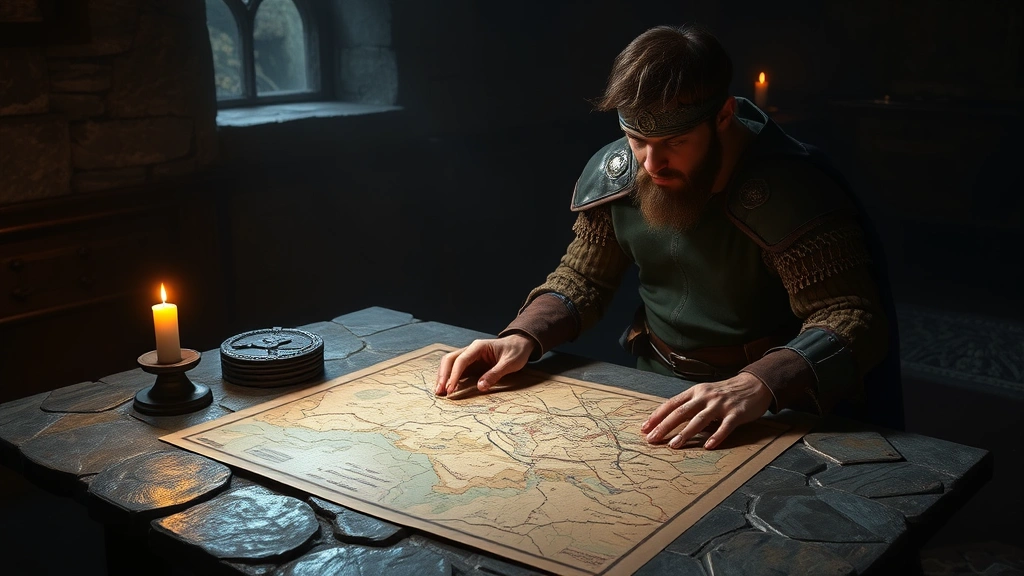 Mercenary character in practical combat gear examining a map on stone table in dimly lit war room, candlelight casting shadows, medieval gaming atmosphere, serious tactical planning scene, no text or interface elements visible