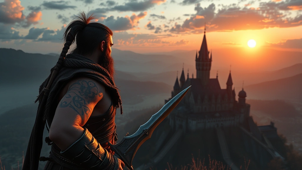 Scarred sellsword character overlooking a grand castle from high vantage point at sunset, holding sword, triumphant stance, rich landscape vista, dramatic gaming screenshot aesthetic, photorealistic medieval fantasy world, no HUD or menus