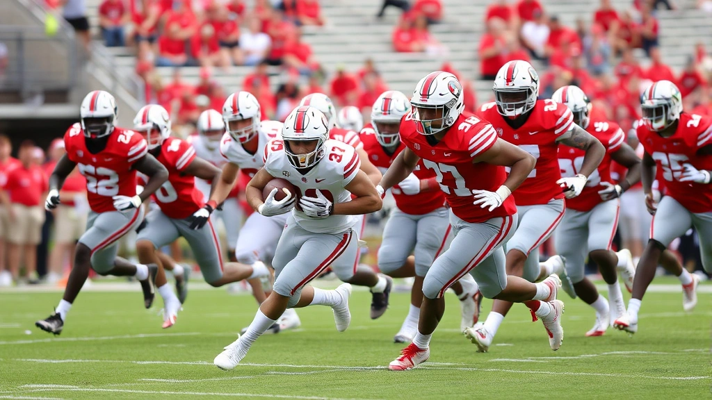 Buckeyes defensive players pursuing ball carrier during spring game scrimmage, multiple defenders closing in with aggressive pursuit angles, stadium background, dynamic action photography