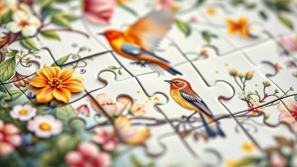 Close-up of high-quality puzzle pieces fitting together with precision, showing intricate artwork detail of a nature scene with birds and flowers, pieces demonstrating excellent color reproduction and cardstock quality, shallow depth of field