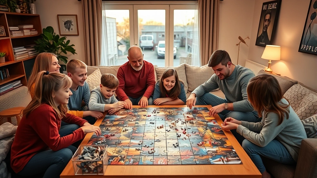 A cozy family living room scene with multiple people of different ages gathered around a large puzzle in progress on a table, warm evening lighting, completed sections visible showing beautiful artwork, genuine engagement and smiling faces, comfortable home setting