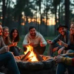 A diverse group of friends sitting around a glowing campfire at dusk, laughing and gesturing animatedly while playing games, warm firelight illuminating their faces, forest trees in soft focus background, cozy outdoor atmosphere