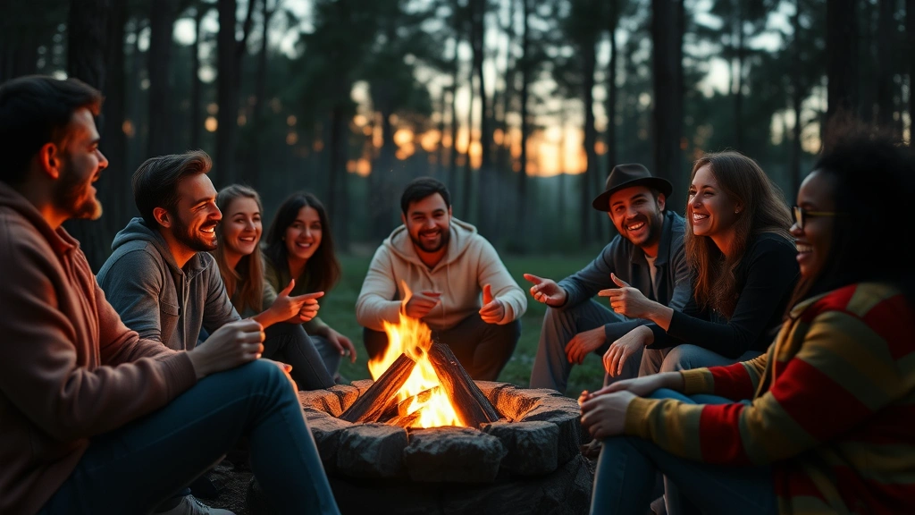 A diverse group of friends sitting around a glowing campfire at dusk, laughing and gesturing animatedly while playing games, warm firelight illuminating their faces, forest trees in soft focus background, cozy outdoor atmosphere