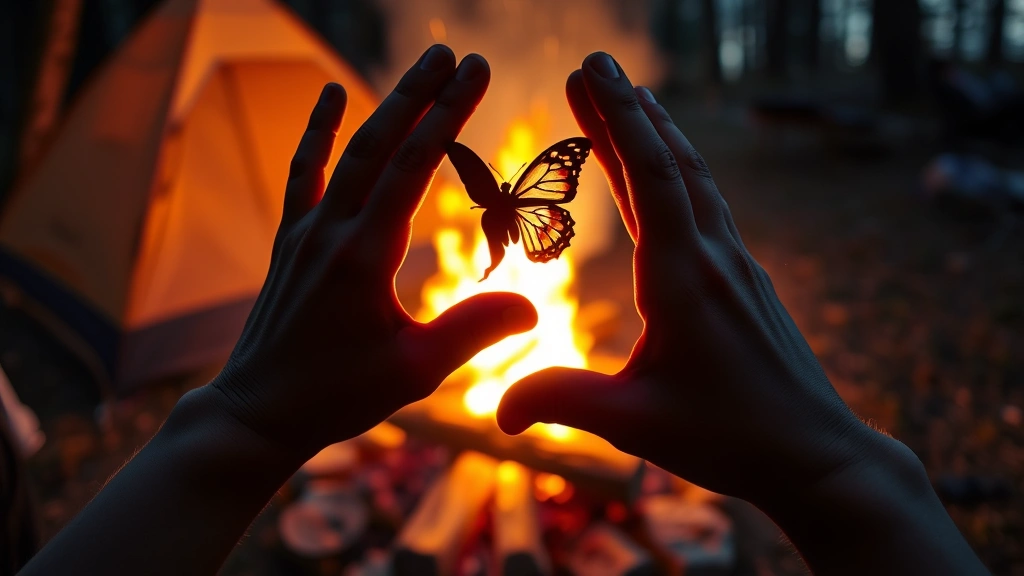 Close-up of hands forming creative shadow puppet shapes against a campfire glow, showing a bird and butterfly silhouette, warm amber light casting detailed shadows, camping setting visible softly in background