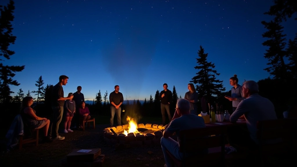 Evening campfire scene with multiple people engaged in active games, some standing and playing charades, others seated around the fire pit, stars visible in the night sky, marshmallows and s'mores supplies on a picnic table nearby