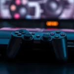 PlayStation 3 console with controller on dark gaming setup, retro gaming nostalgia, professional photography