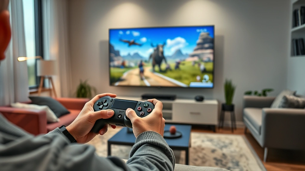Gamer using PS4 controller playing game on television in modern living room, console gaming experience, photorealistic