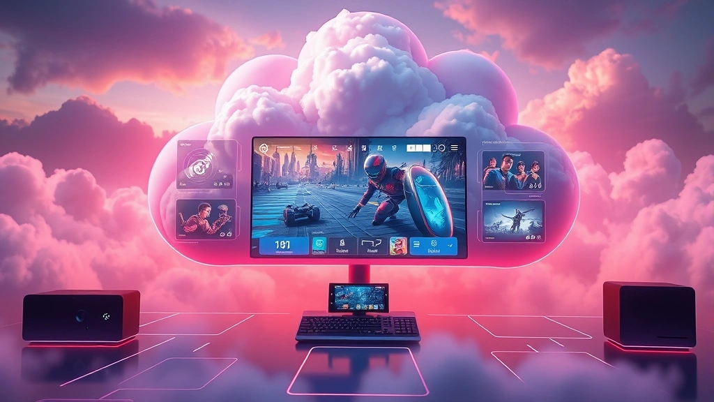Cloud gaming interface visualization with streaming technology, modern gaming platform concept, digital gaming future