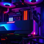 Close-up of a gaming PC's internal components including RGB lighting, graphics card, and cooling fans, high-performance gaming rig setup photographed from inside the case