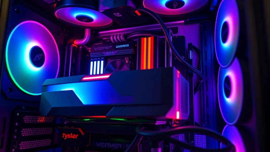 Close-up of a gaming PC's internal components including RGB lighting, graphics card, and cooling fans, high-performance gaming rig setup photographed from inside the case