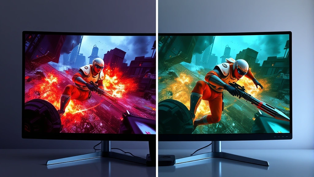 Split-screen comparison showing a modern high-end gaming monitor displaying an intense action game at ultra settings with vibrant colors and detailed graphics versus lower settings version