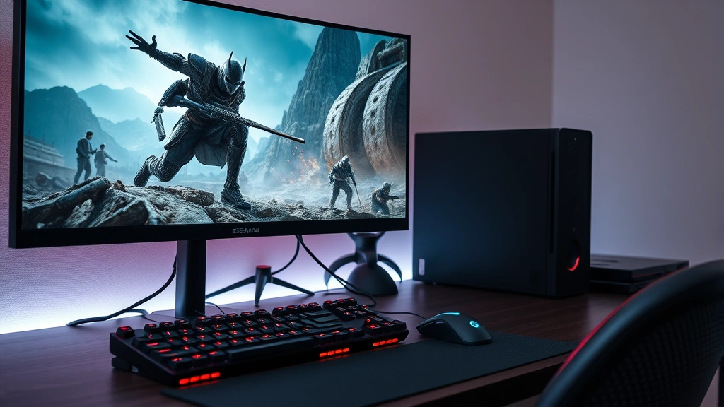 Professional shot of a gaming desk setup with mechanical keyboard, gaming mouse, and high-refresh rate monitor displaying a demanding AAA game running smoothly with excellent frame rates