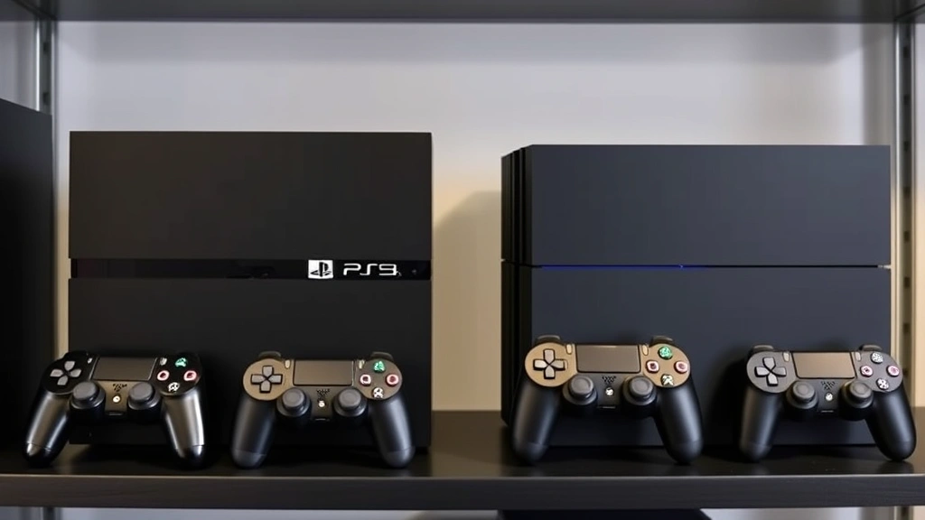 PlayStation 3 and PlayStation 4 consoles displayed side by side on a gaming shelf with controllers, showing the generational difference in console design and hardware