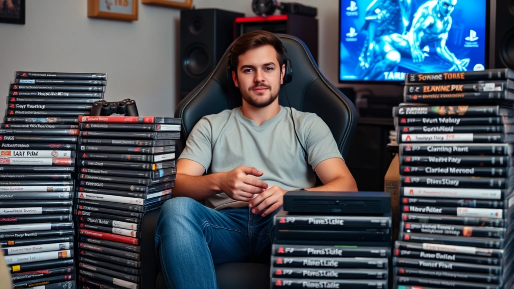 Gamer sitting in a gaming chair surrounded by stacks of physical PS3 game cases and a vintage PS3 console, with modern gaming setup in the background