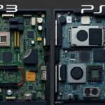 Photorealistic comparison of PS3 and PS4 console hardware architecture, showing circuit boards and internal components side by side, no text or labels visible