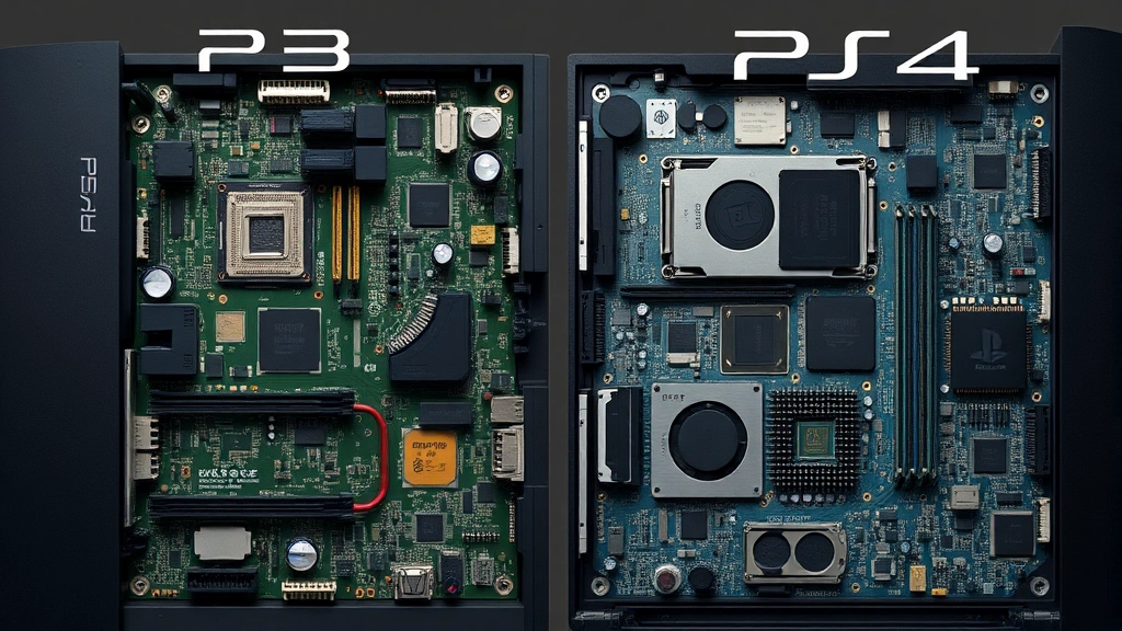 Photorealistic comparison of PS3 and PS4 console hardware architecture, showing circuit boards and internal components side by side, no text or labels visible