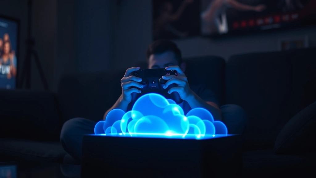 Gamer sitting on couch holding PS4 controller with stream of blue light emanating from console, representing cloud gaming technology, dark gaming room setting