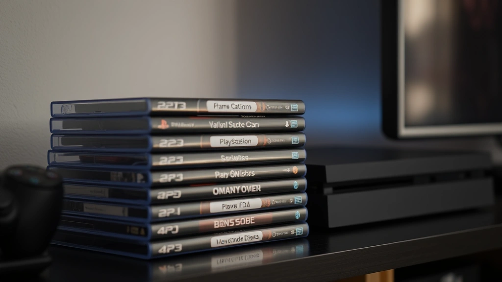 Stack of physical PS3 game cases next to PS4 console on entertainment center shelf, soft ambient lighting, no visible game titles or text