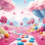 Vibrant candy-themed landscape with colorful lollipops, gumdrops, and frosting paths in a fantastical world, bright saturated colors, whimsical magical atmosphere, no text or UI elements