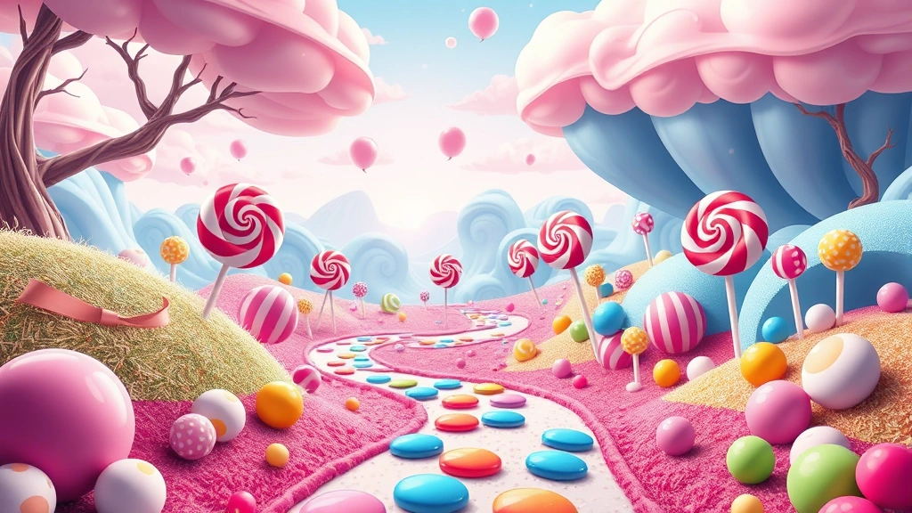 Vibrant candy-themed landscape with colorful lollipops, gumdrops, and frosting paths in a fantastical world, bright saturated colors, whimsical magical atmosphere, no text or UI elements