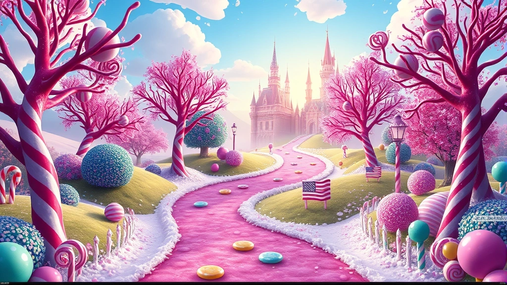 Digital screen showing a colorful candy kingdom with candy cane trees, licorice roads, and a distant castle, vibrant game world environment, fantasy candy landscape, no menus or HUD visible