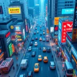 Overhead view of a bustling virtual business district with colorful buildings, neon signs, and flowing traffic representing economic activity and commerce in a digital cityscape, photorealistic rendering