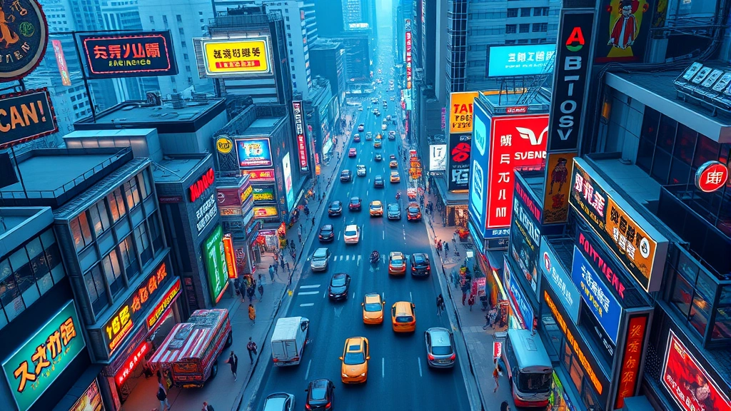 Overhead view of a bustling virtual business district with colorful buildings, neon signs, and flowing traffic representing economic activity and commerce in a digital cityscape, photorealistic rendering