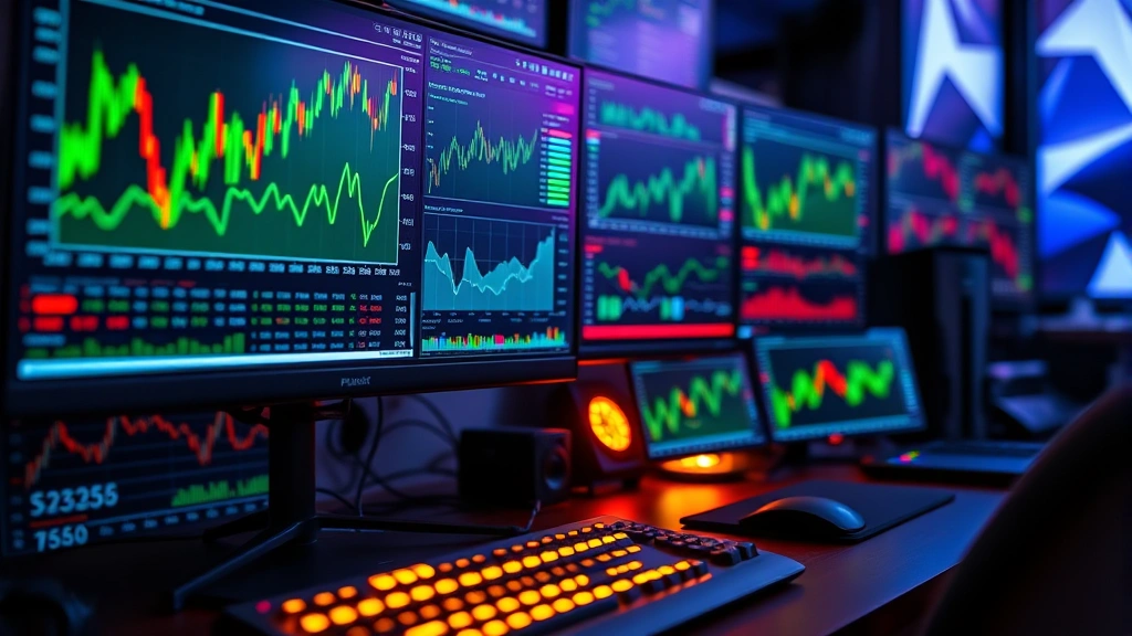 Close-up of a professional gaming setup with multiple monitors displaying financial charts, market graphs, and business dashboards glowing with data visualizations, dramatic lighting