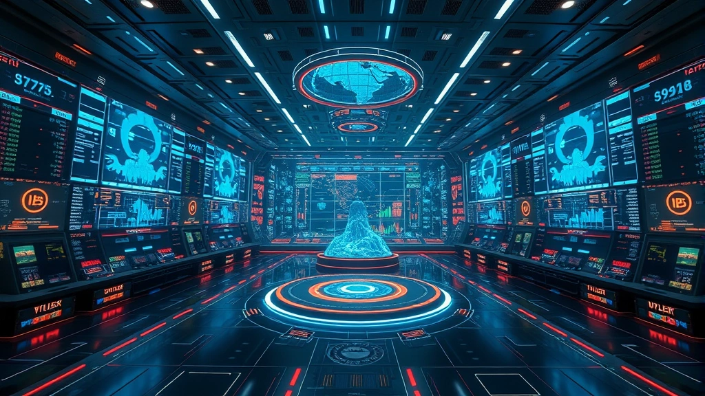 Wide panoramic view of a massive virtual trading floor with holographic displays, floating stock tickers, and digital currency symbols surrounding a central trading hub, futuristic atmosphere