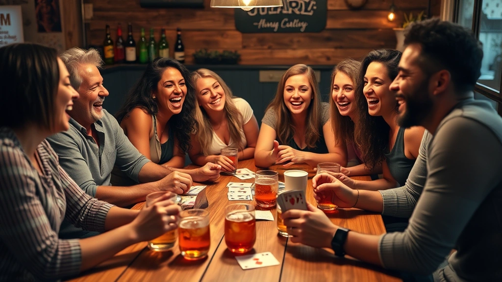 A diverse group of friends sitting around a wooden table laughing hysterically while playing cards with drinks nearby, warm party lighting, casual comfortable setting, genuine joy and connection, photorealistic scene with focus on the cards and excited expressions