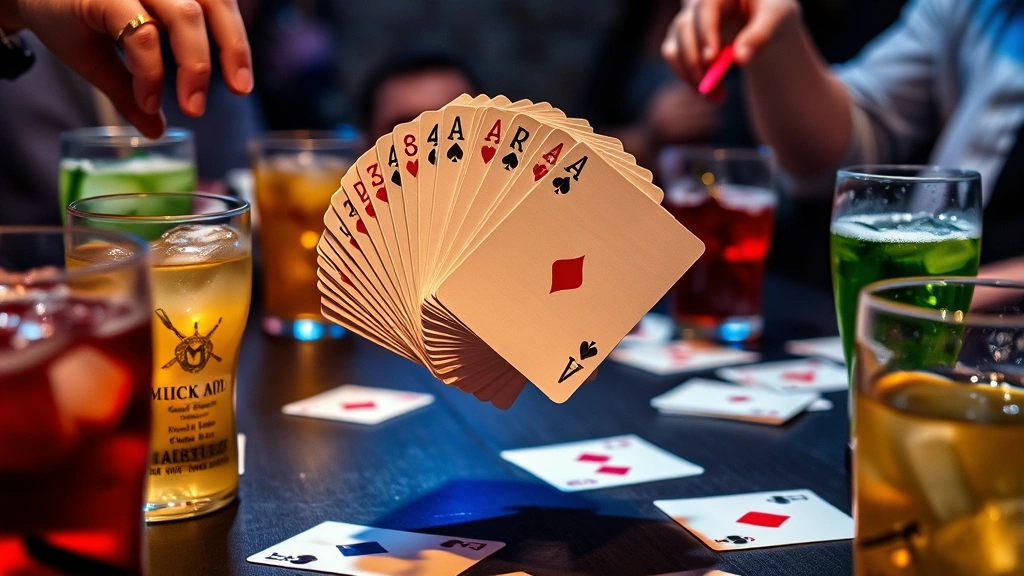Close-up of a deck of cards being shuffled mid-air with colorful beverages in glasses surrounding the cards on a dark table, dynamic action shot, party atmosphere, vibrant lighting, photorealistic detail showing card edges and drink condensation