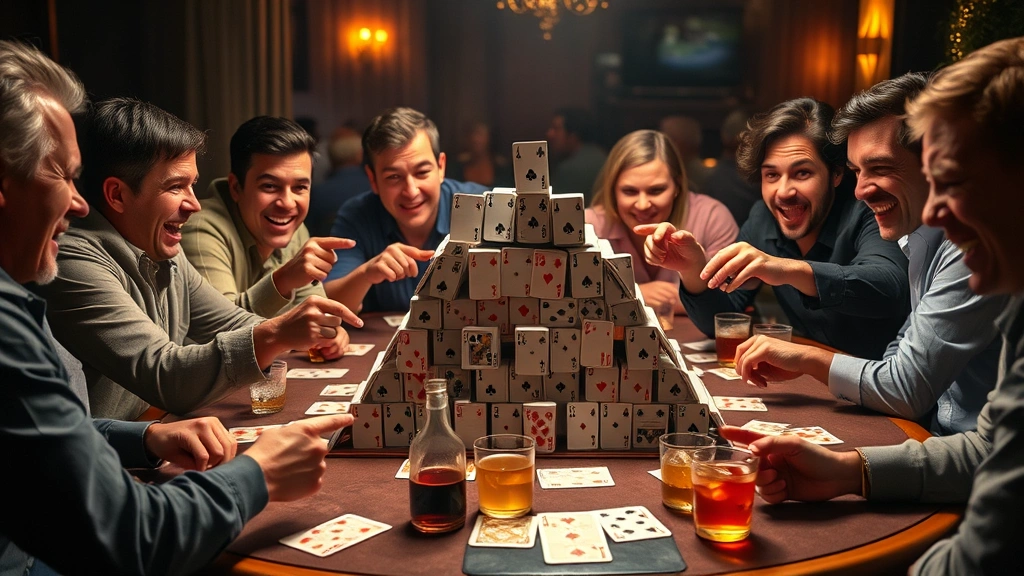 A pyramid of playing cards arranged on a table with several players around it pointing and reacting with animated expressions, various drinks positioned strategically, warm ambient lighting creating party mood, photorealistic scene capturing the moment of tension and excitement
