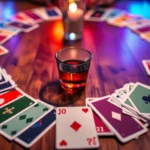 Close-up of colorful playing cards spread in a circle on a wooden table with a central cup, vibrant lighting, party atmosphere, shallow depth of field focusing on card details