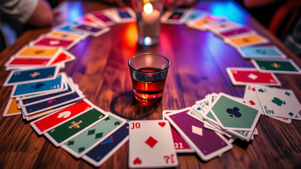 Close-up of colorful playing cards spread in a circle on a wooden table with a central cup, vibrant lighting, party atmosphere, shallow depth of field focusing on card details